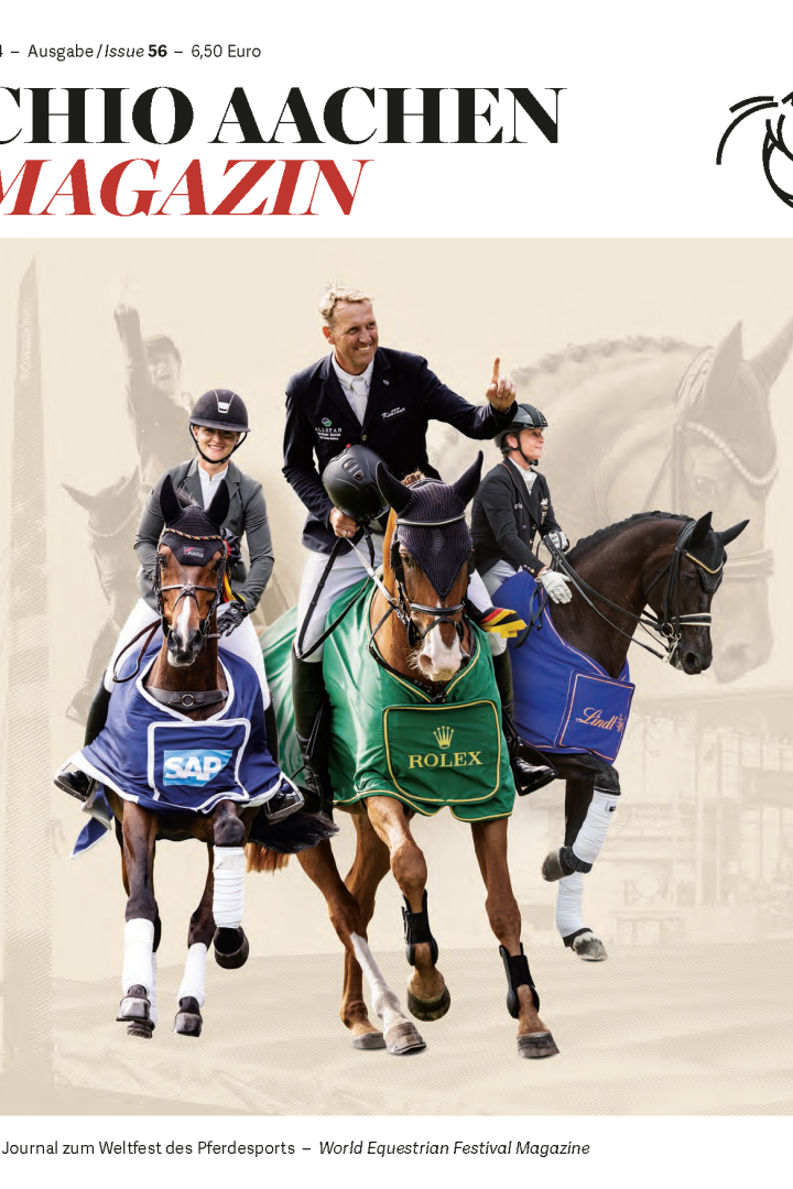 Cover des CHIO Aachen Magazins Nr. 56 mit Andre Thieme und Chakaria, den Siegern des Rolex Grand Prix; Julia Krajewski und Nickel 21, den Siegern des SAP-Cups und Isabell Werth und Wendy de Fontaine, den Siegern des Lindt-Preises.