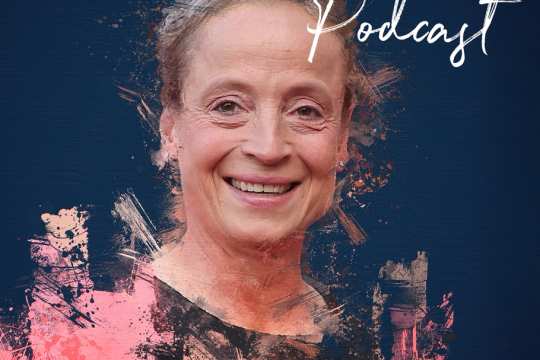 CHIO Aachen podcast cover of Isabell Werth in a painterly style with pink brushstrokes on the contours of her smiling portrait