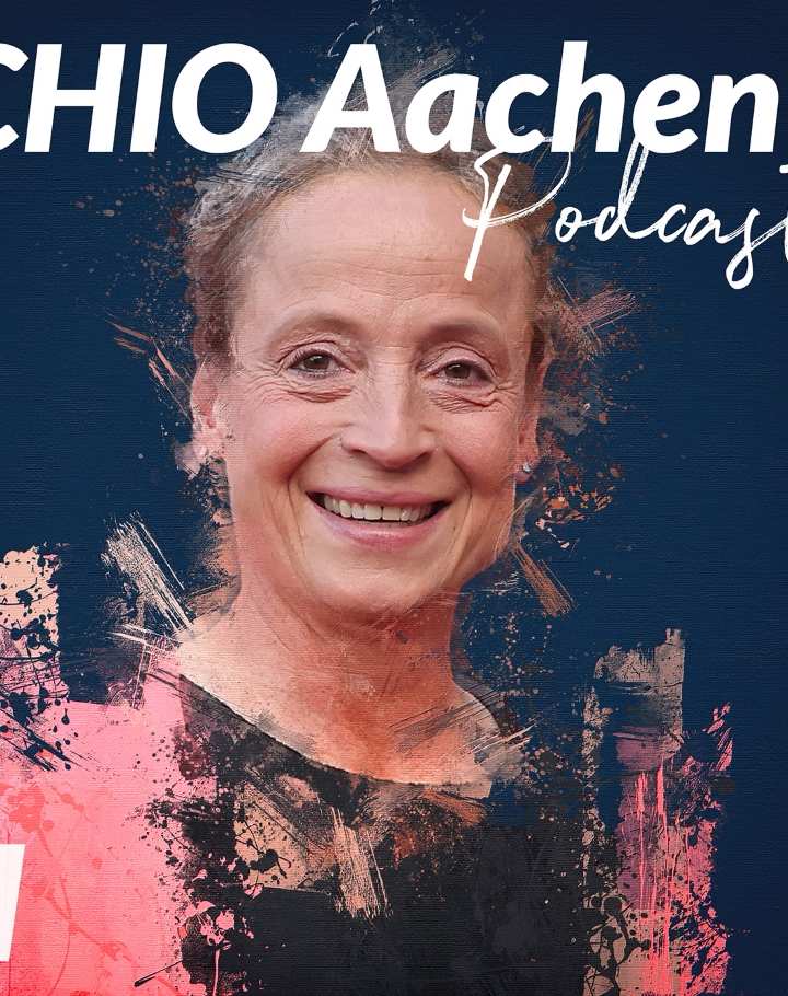 CHIO Aachen podcast cover of Isabell Werth in a painterly style with pink brushstrokes on the contours of her smiling portrait