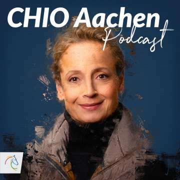 CHIO Aachen podcast cover for the double episode with Isabell Werth in a painterly style with brown brushstrokes on the contours of her smiling portrait