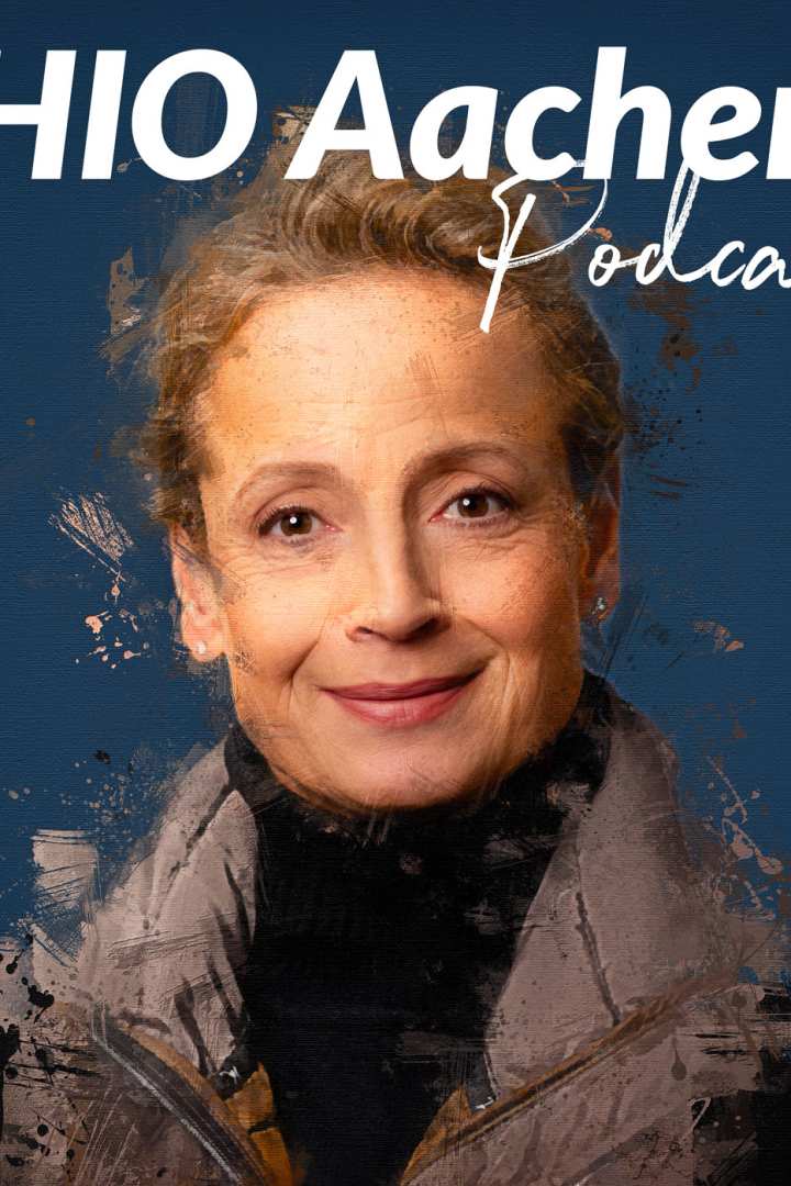 CHIO Aachen podcast cover for the double episode with Isabell Werth in a painterly style with brown brushstrokes on the contours of her smiling portrait